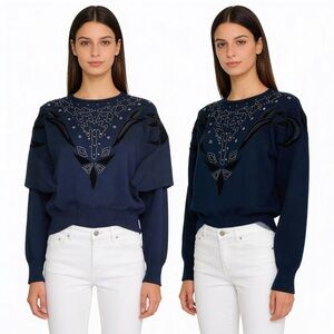 COSCOB Vintage Navy Blue Beaded Sequin Velour Sweater Size M